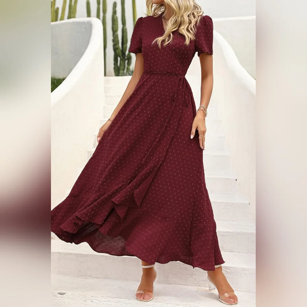 Swiss Dot Burgundy Wrap Dress - Picture 7 of 11